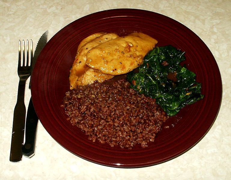 Lemon glazed chicken, sauteed spinach and steamed Bhutanese Red Rice